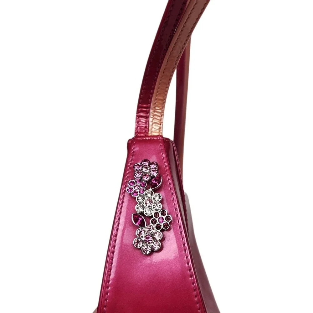 Stuart Weitzman Y2K 90s Shoulder Bag Purse Patent Leather Pink Rhinestone Spain